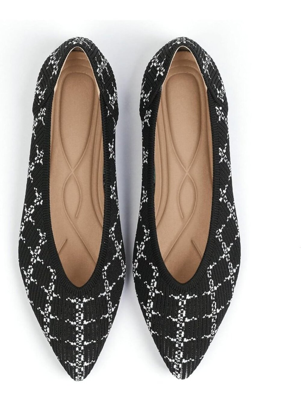 Women's Stripe Black Pointed Toe Knit Flat Ballet Rubber Comfortable Slip Shoes